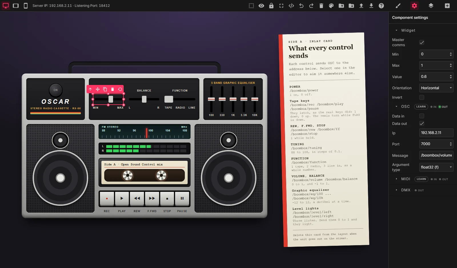 The OSCAR editor: a boombox interface on the canvas, with a slider selected and its settings open on the right.