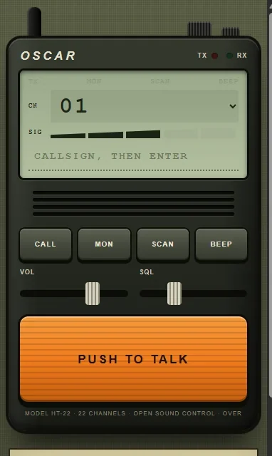 An OSCAR interface on a phone: a walkie-talkie with a display, keys, two sliders and a large push-to-talk button.
