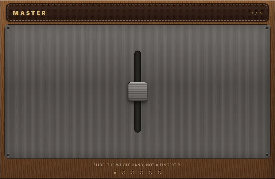 Big Thumb template: one large fader in a wooden case on a brushed-steel plate.