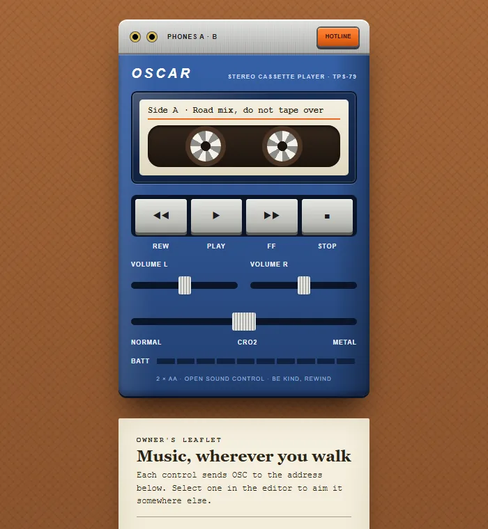 Personal Cassette Player, 1979 template: a blue case with a tape behind a door, two volume sliders and an orange hotline key.