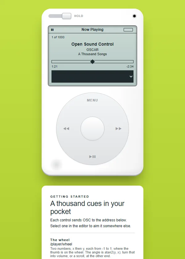 Click Wheel Player, 2004 template: a white player with a grey display and one wheel.