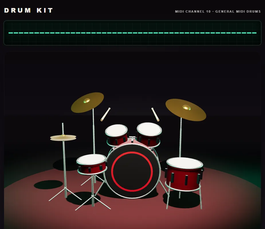 Drum Kit template: a five-piece kit on a lit stage with a pad for each drum and cymbal.