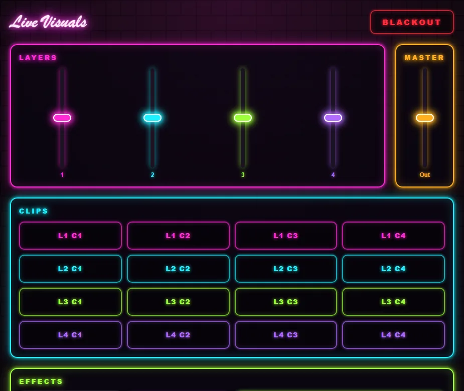 Live Visuals Controller template: layer faders, a clip grid and effect keys drawn as neon signs.