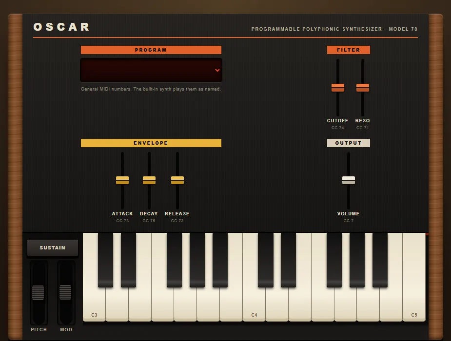 Synthesizer, 1978 template: walnut end cheeks, a black panel with coloured fader caps, and a 25-key keyboard.