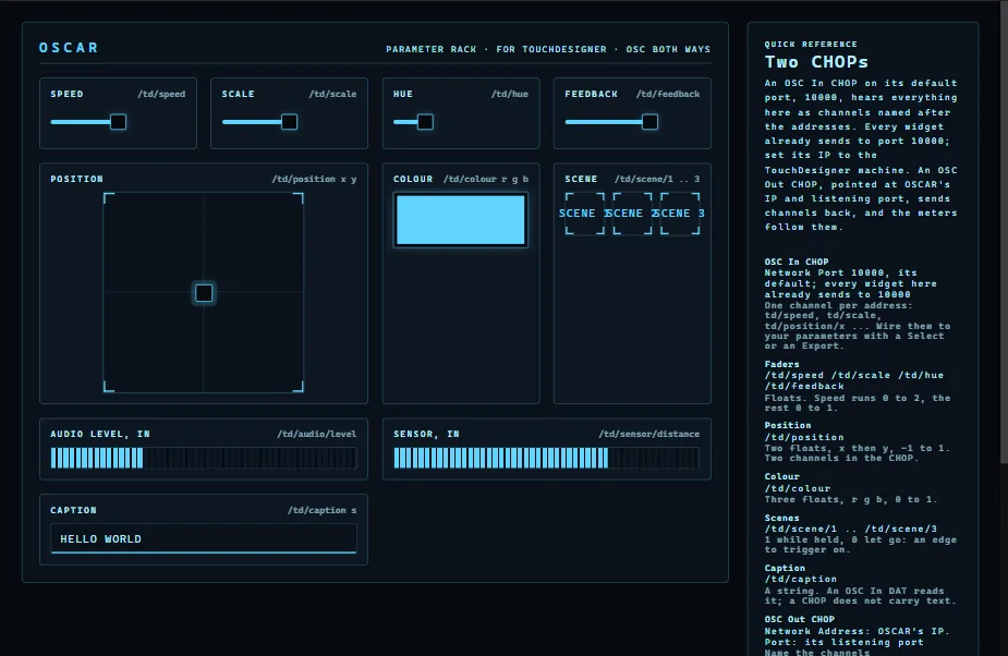 OSCAR's TouchDesigner Parameter Rack template: faders, an XY pad, a colour picker, scene keys and meters, with a quick-reference card on the right.