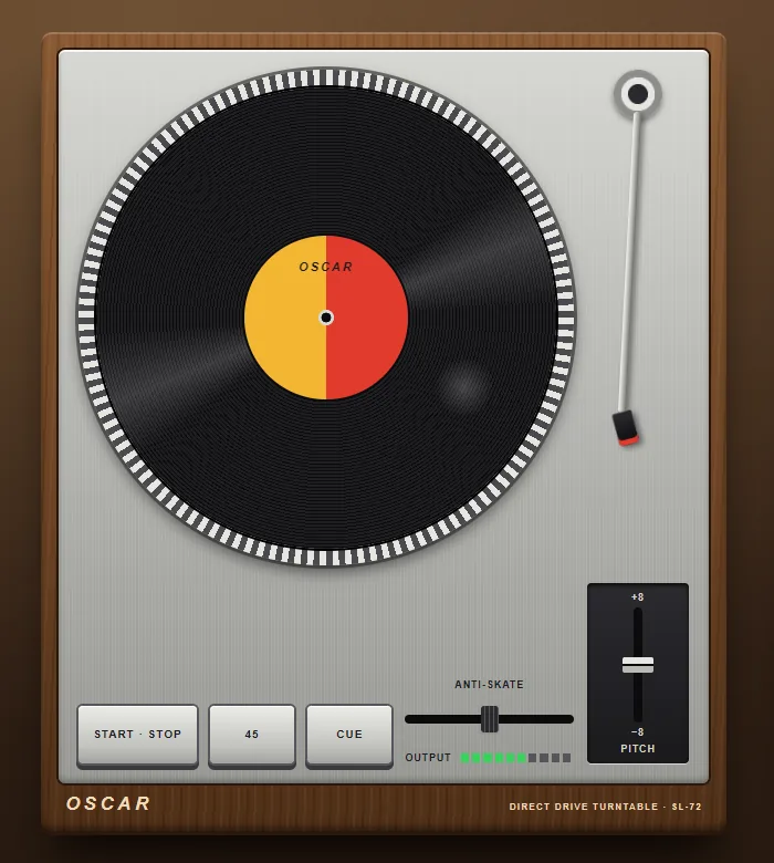 Turntable template: a record you can touch, a tonearm and a pitch slider.