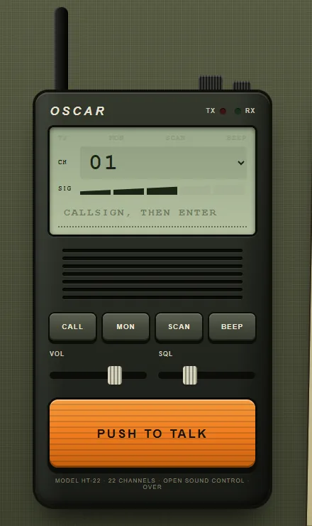 Walkie-Talkie template: an olive handset with a rubber aerial, a small display and one big orange key.